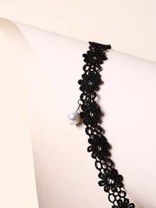 1pc Women's Fashion Floral Fabric Hollow Pearl Pendant Choker Necklace - Black Lace Flower Pearls - View 4
