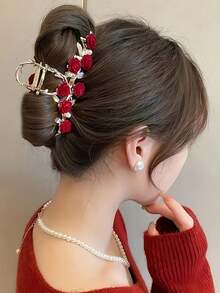1 件新款可爱高马尾固定夹，优雅女士仿珍珠水钻金属玫瑰发夹 - 4.33 英寸锌合金，四季通用配饰头饰女孩秋冬爪夹发饰女士度假装女士 - 彩色 - 查看 2