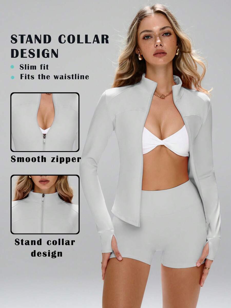 这款运动夹克采用简约时尚的设计，融合了学院风和运动元素。长袖带拇指孔，舒适弹力的面料适合舞蹈/普拉提等运动。前拉链设计搭配低领，方便您轻松从街头穿到健身房。这款女士修身拉链夹克采用塑形缝线、修身剪裁、全面覆盖、长袖带拇指孔、有效收腰、提胸褶裥和360度弹力面料，并配有防滑拉链护片。