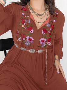 Rusttydustty Plus Size Floral Embroidery Casual Vacation Dress - Brownish Red - View 7