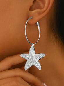 1 Cặp bông tai phong cách đại dương dành cho nữ, thời trang Bohemian hình vỏ sò, ốc xà cừ, ngọc trai giả, sao biển và sinh vật biển, thiết kế kim loại phóng đại, thích hợp đeo hàng ngày, phong cách đường phố, tiệc bãi biển - có màu bạc - Xem 3