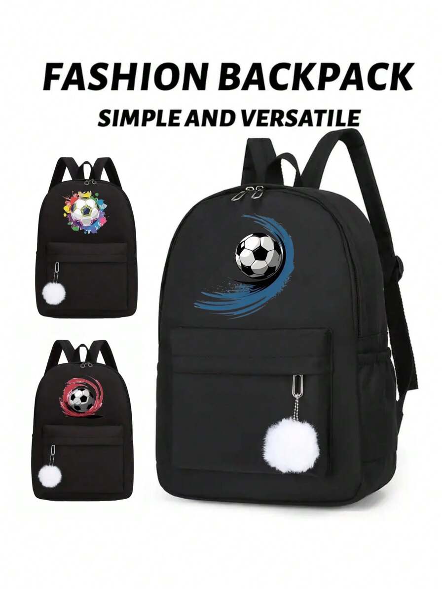 1 New Cute Versatile Simple Kawaii Football Print Plus Pom Pom Pendant Backpack, New For Spring And Summer, Suitable For Back To School Season. Nylon Material Double Zipper Lightweight Large Capacity Foldable Bag, Very Suitable For Teenagers To Go To School, Daily Travel, Shopping, Travel And Vacation, Etc. - Black - View 1