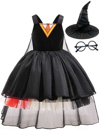 4 件套巫师服装套装，包括黑色连衣裙、巫师帽、眼镜框、斗篷，适合狂欢节/万圣节派对角色扮演