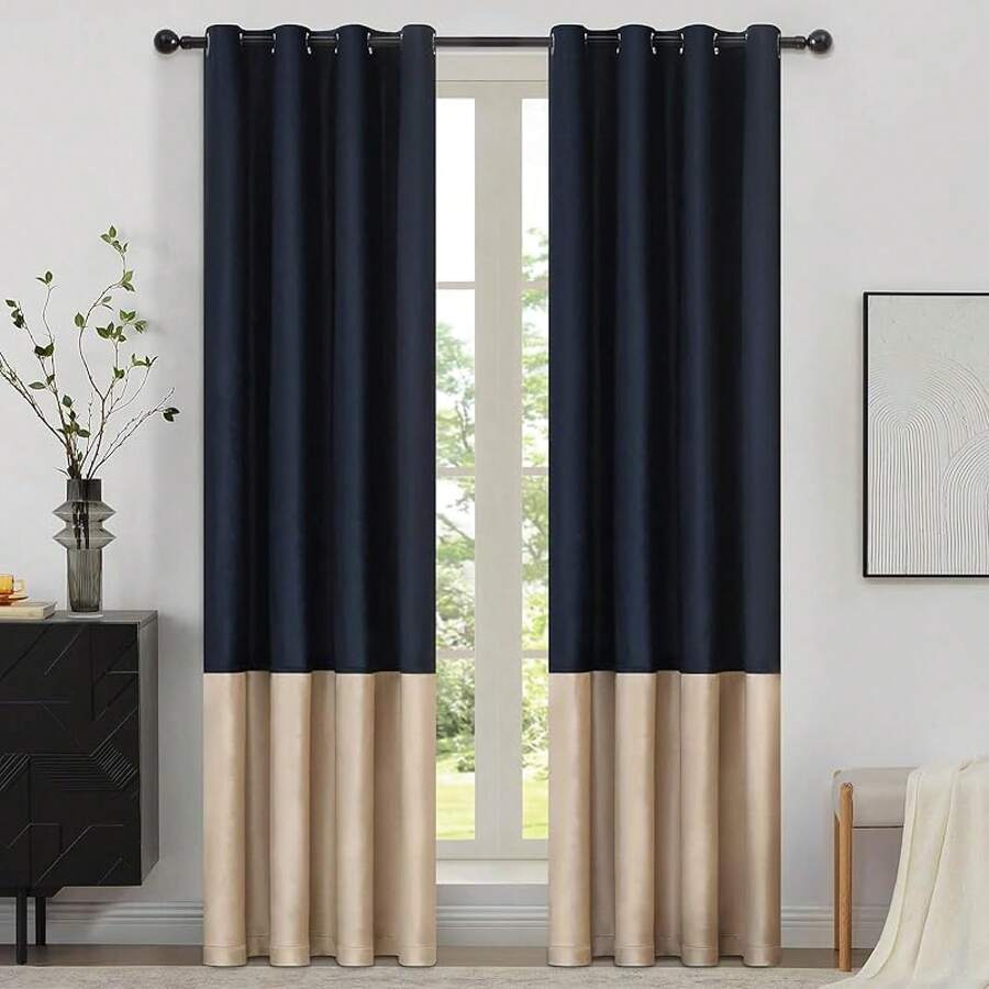 Black Gold Color Block Window Curtains Panels 84 Inches Long Farmhouse Drapes Bedroom Living Room Darkening Treatment With Grommet Set Home Decor - 海軍藍和香檳色 - 查看 1