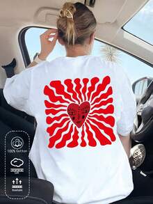 Cotton Women's T-Shirt, Playful Red Heart Print, Spring And Summer New Style Sportswear For Women, Fashionable, Soft And Breathable Women's White Short-Sleeved Top - White - View 1