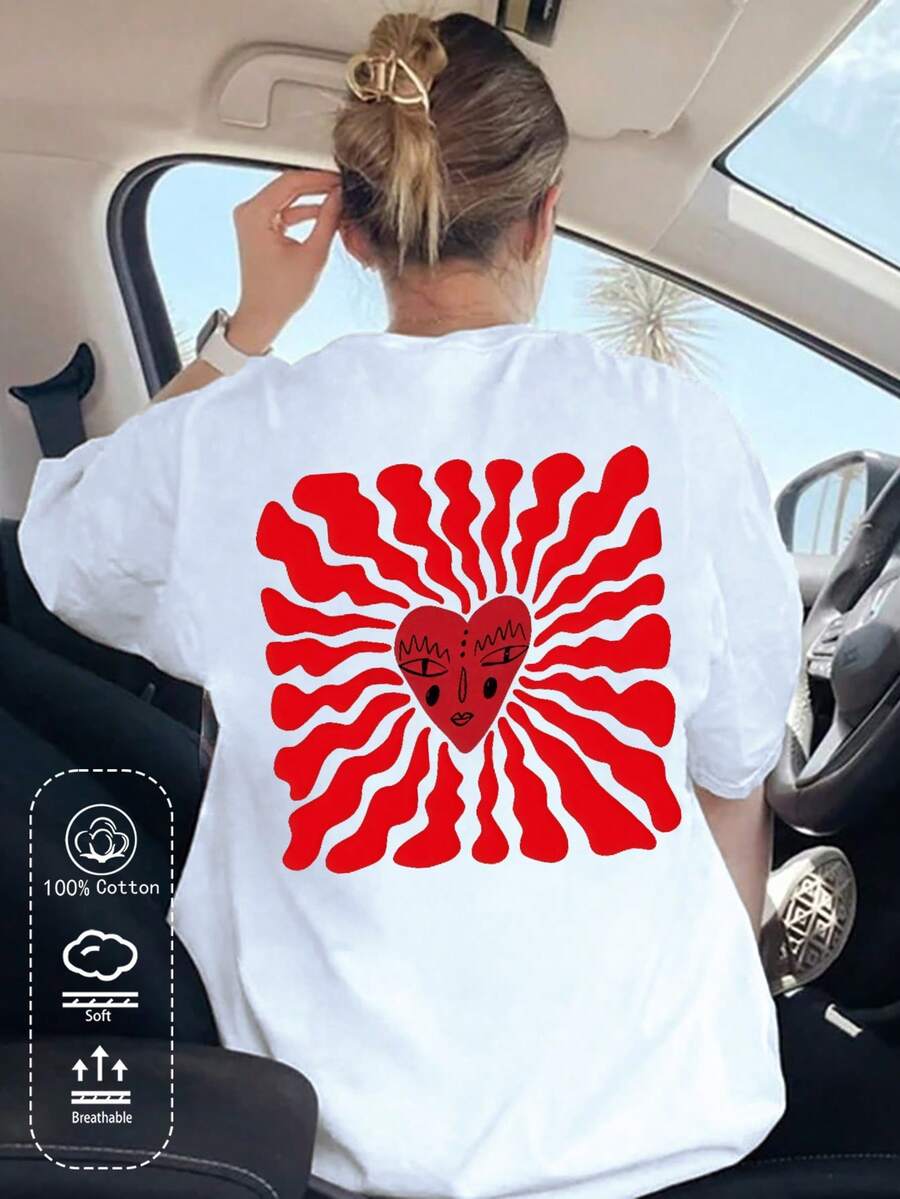 Cotton Women's T-Shirt, Playful Red Heart Print, Spring And Summer New Style Sportswear For Women, Fashionable, Soft And Breathable Women's White Short-Sleeved Top - White - View 1