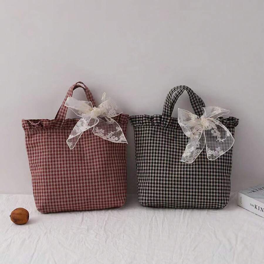 Women Shoulder Bags - 酒紅格紋(含緞帶) - 查看 1