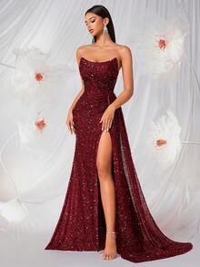 ADYCE 优雅亮片无肩带褶皱高腰高开衩长款缎面露背系带礼服，适合舞会、生日派对、正式晚宴、约会、返校节、婚礼宾客、正式晚宴、家庭聚会等多种场合。 - 酒紅色 - 查看 3