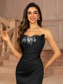 MOEVIO Đầm maxi dáng chữ A xếp ly xẻ cao, hở vai, đính sequin, thanh lịch dành cho nữ, thích hợp cho các buổi dạ tiệc, tiệc tối trang trọng, dự đám cưới, tiệc sinh nhật, các dịp trang trọng, mùa tựu trường, tiệc mùa thu xuân. - màu đen - Xem 5