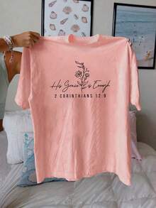 Camiseta con estampado gráfico de letras, de manga corta y cuello redondo, top casual para primavera/verano - Rosa Pálido - Ver 6
