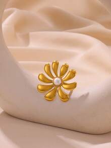 时尚夸张花朵女士戒指，优雅仿珍珠戒指，不锈钢配饰，海螺壳戒指海洋珠宝，复古天然石女士珠宝金色宽口可调节开口戒指派对婚礼旅行厚重珠宝圣诞礼物