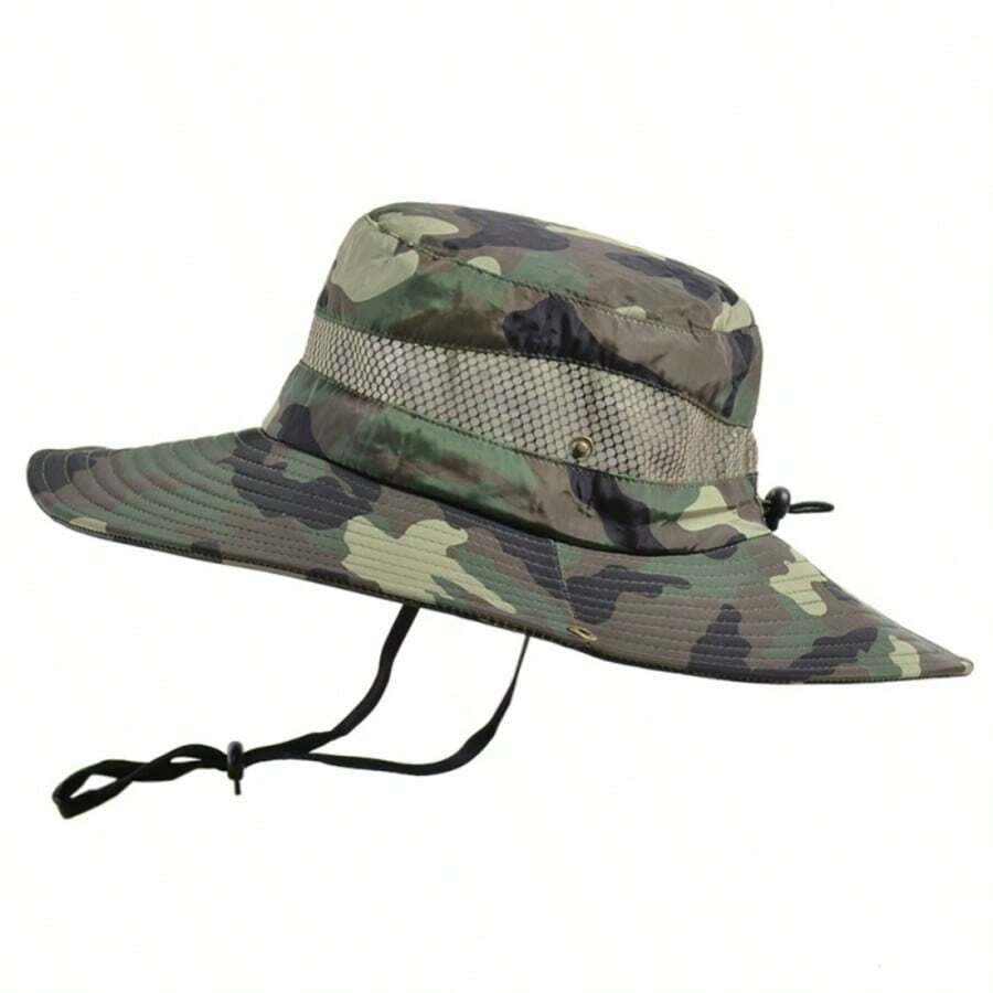 1pc Men And Women Fashion Casual Camouflage Breathable Wide-Brimmed Outdoor Large Brim Fisherman's Hat Mountaineering Cap, Outdoor Camping Hiking Fishing Wilderness Adventure Travel Outdoor Sports Sun Hat, Couple Hat, Father's Day Gift - 迷彩軍綠 - 查看 1