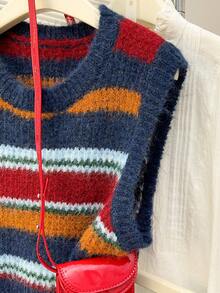 Alicedudu Women's Colorful Striped Design Crew Neck Pullover Vest, Autumn/Winter