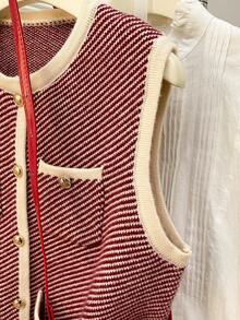 Alicedudu 女士秋冬优雅人字纹设计圆领开衫背心 - 紅白色 - 查看 3