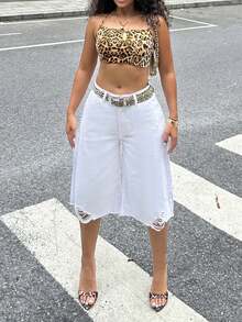 Women's Classic Relaxed Fit Denim Shorts - Non-Stretch Solid Color Raw Hem Summer Shorts With Distressed Scratch Detailing (Mid-Rise Loose Fit, Heavyweight Cotton) - trắng - Xem 3