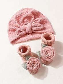 1pc Rabbit Ear Baby Hat And 1 Pair Rose Flower Baby Socks, Suitable For Daily Use, 0-1 Years Old - 3pcs - View 3