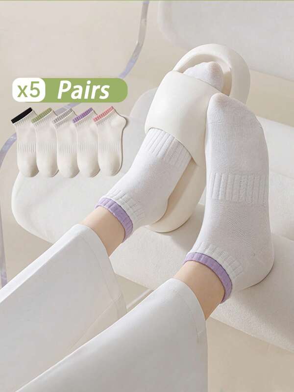 5 paires de chaussettes courtes blanches simples et colorées pour femmes, respirantes et absorbantes, convenant pour le port quotidien en été