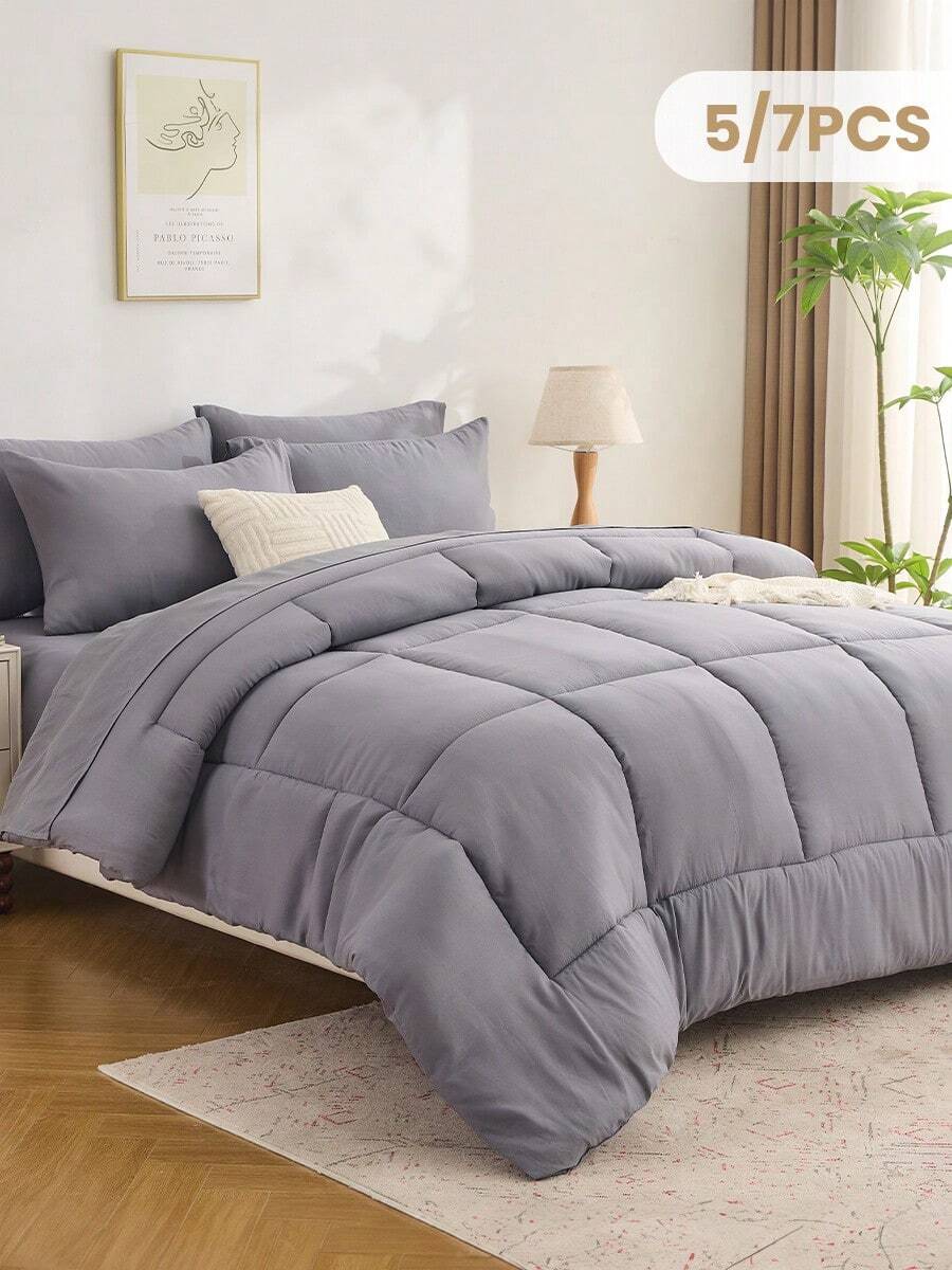 5/7pcs Comforter Set, Bedding, Cozy And Warm Bedding, Solid Color, Easy Care And Comfortable, Breathable Bed Set, For Twin, Full, King, Queen Bed Sizes, Suitable For Bedroom, Fall Decor, Halloween Decor, Guest Room, Dormitory, All Seasons, Halloween Gift, Machine Washable, 1 Comforter, 1 Flat Sheet, 1 Fitted Sheet And 2/4 Pcs Pillowcases