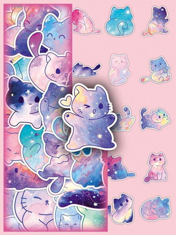 50 piezas de pegatinas decorativas impermeables con diseños de gatos y cielo estrellado en acuarela para papelería, cuadernos, tazas