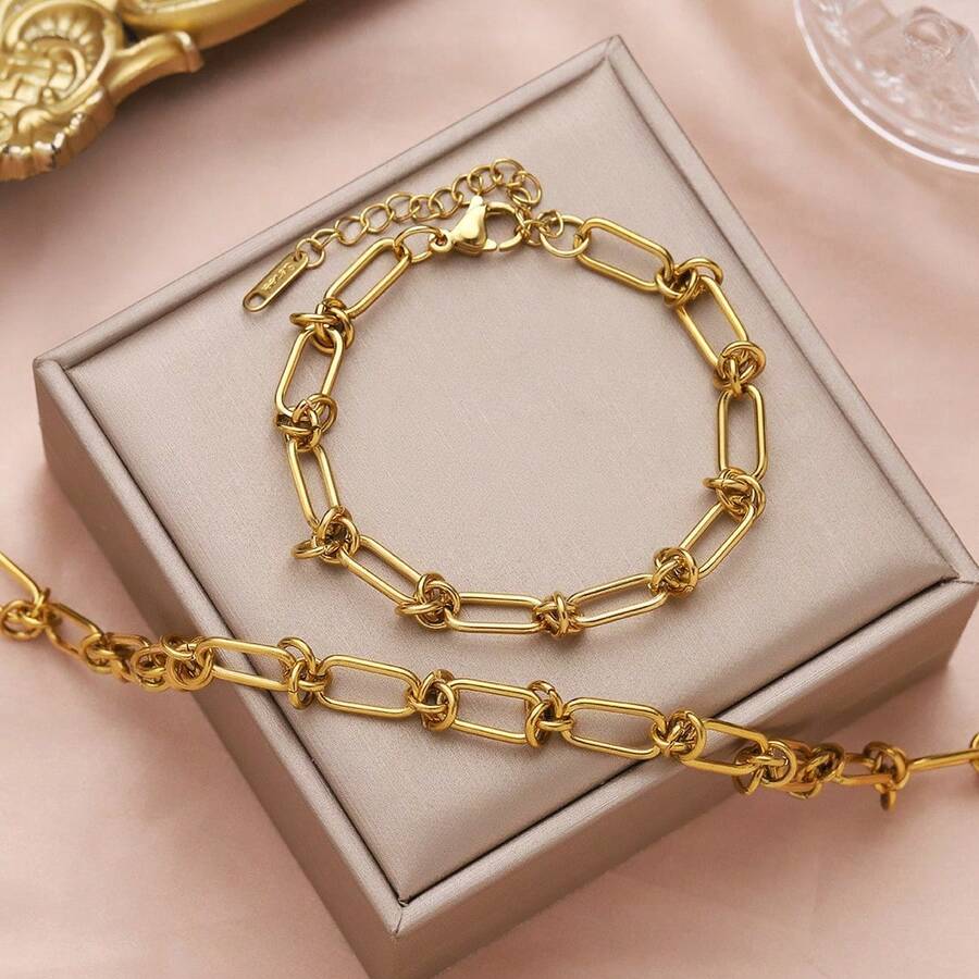 1 PC Stainless Steel Chain Bracelet - Adjustable Punk Hip-Hop Style, Unisex, Daily Music Festival And Seasonal Fashion Accessories, Retro Design, High-Quality Street Fashion Must-Have, Birthday Wedding Party Outfit, Christmas And Halloween Birthday Gift - 金色 - 查看 1