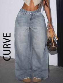 PLUS SIZE Women's Casual Loose-Fit Wide-Leg Denim Pants With Pockets For Daily Wear