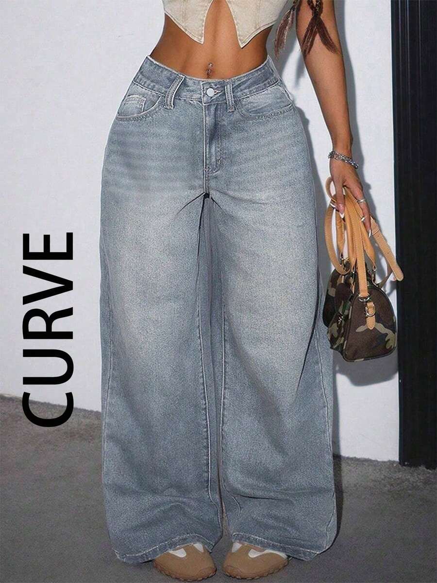 PLUS SIZE Women's Casual Loose-Fit Wide-Leg Denim Pants With Pockets For Daily Wear