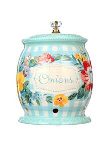 Floral Ceramic Onion & Garlic Keeper With Vented Lid - 7.5 Inch Countertop Storage Container, Moisture Control Design For Pantry Kitchen Essentials, Romantic Farmhouse Décor Piece - 1 - 查看 3