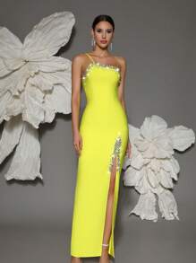 Elisanya 绷带连衣裙女士单肩手工串珠性感紧身开衩优雅鸡尾酒会晚礼服 - 黃色 - 查看 5