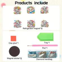 6 piezas Imanes de nevera con arte de diamantes, decoración de pintura de diamante de elefante lindo Kit de imanes de arte DIY para manualidades, regalos, nevera, buzón de correo