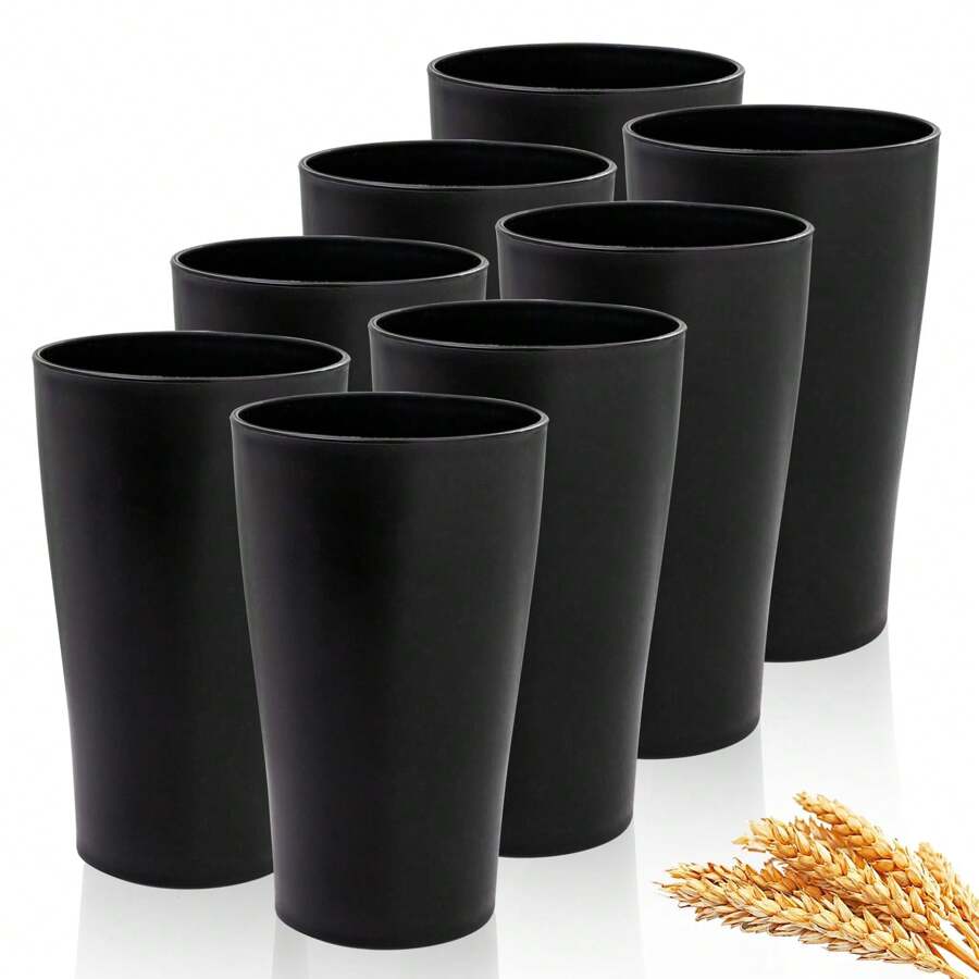 Black Wheat Straw Cups Set Of 8,Drinking Glasses,Reusable Plastic Cups,Unbreakable Cups For Kitchen,Dishwasher Safe Water Glasses Tumblers