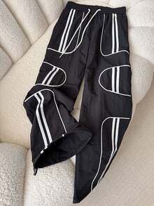 男士时尚休闲撞色条纹运动裤，秋季 - 黑色 - 查看 1