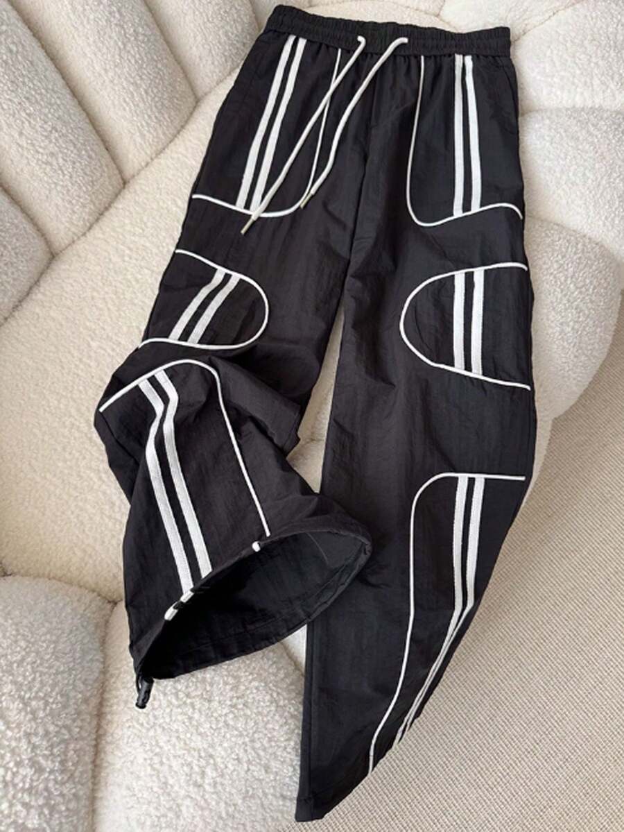男士时尚休闲撞色条纹运动裤，秋季 - 黑色 - 查看 1