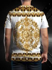 奢华夺目！3D 印花复洛克花卉金色图案修身休闲短袖街头风格圆领 T 恤男款 - 黑色 - 查看 3