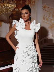 Modphy 新款时尚高端 3D 花卉装饰修身高领无袖蝴蝶结饰边连衣裙，适合婚礼、宾客、伴娘、节日派对、正式晚礼服 - 白色 - 查看 7