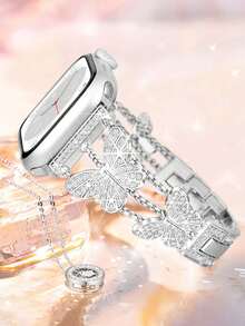 1 Pc Glitter Silver Metal Hollow Butterfly Crystal Diamond Embedded Heart Design Apple Watch Band, Fashion & Creative For Apple Watch Ultra/Series 3/SE/Series 1-8, 38mm-49mm, Elegant Gift For Girlfriend, Boyfriend, Family