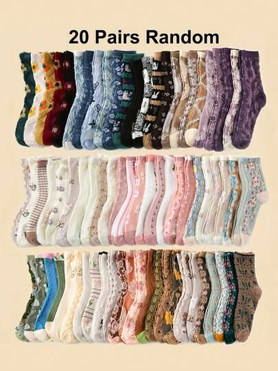 20/10/5 Pairs Women/Couple Autumn/Winter Mid-Calf Sports Socks, Vintage Embossed Graphic Pattern, Soft & Comfortable, Versatile For Sports, Casual, Students, Adults, Holidays, Daily Life, Travel, Fitness, Back To School, Random Colors & Styles Christmas Gift