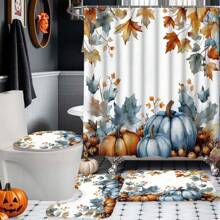 [Popular][Open JIT] 1/4 Pcs Autumn Thanksgiving Shower Curtain Set, Pumpkin Maple Leaf Farmhouse Burnt Orange Blue Waterproof Polyester Washable Autumn Bathroom Shower Home Decor Gift With 12pcs Hooks Non-Slip Bath Mat U-Shape Toilet CoverHalloween Room Decor