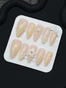 10片/套 手工亚克力按压式美甲贴片，中长杏仁形、法式、蓝色、3D花卉、3D条纹、3D雕刻、渐变美甲。美甲用品，假指甲，可卸式假指甲，美甲配件，适合派对、舞蹈、日常佩戴、学生派对、角色扮演，可重复使用，包含果冻胶和指甲锉，DIY美甲用品。 - 黃色 - 查看 2