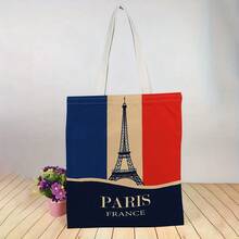 1pc Large Capacity Eiffel Tower Canvas Bag With Dual Sided Paris Design Versatile Tote For Shopping, Travel, Daily Use, Features Adjustable Straps In Two Colors, Stylish, Durable, Foldable Perfect Gift For Family Friends - 彩色 - 查看 11