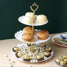 6 Pcs Cake Stand, Plastic Dessert Table Display Set, Three-Tier Shelf, Two-Tier Shelf And Dessert Tray Set. Suitable For Birthdays, Parties, Tea Parties. Black/White - White - View 2