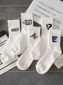 5双随机男士中筒袜，字母几何图案随机搭配。简约时尚男士袜子，白色袜子，秋季袜子 - 彩色 - 查看 4