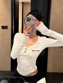 Atasan Rajut Wanita Warna Polos dengan Kantong, Sweater Lengan Panjang Pas Badan, Pakaian Kasual Musim Semi Serbaguna Warna Putih - Putih - View 6