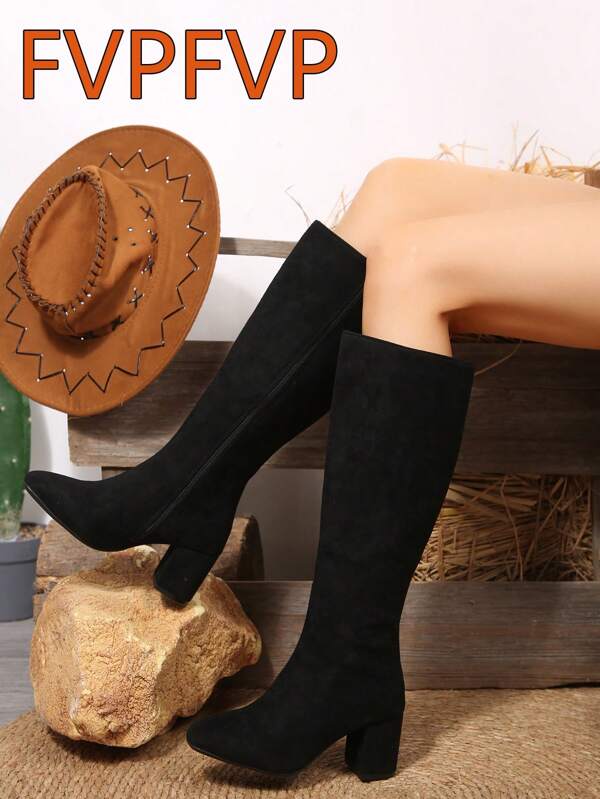 FVPFVP Inspired Patent Leather Square Toe Tall Boots, Slim Fit Chunky Heel Riding Boots For Women, Autumn/Winter,Western Style,Black Boots