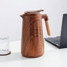 1 Stück 1000ML/33,8oz Vakuumisolierte Flasche, langanhaltend Glaseinlage, Kaffeekanne mit Druckknopfspender und Holzgriff, geeignet für Büro, Hotel, Restaurant, Studentenwohnheim