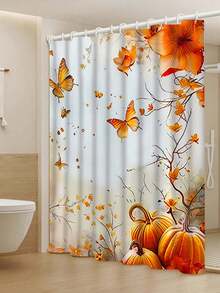 1/4 件秋季枫叶、蝴蝶、南瓜感恩节浴帘套装，配有防滑浴室垫、感恩节浴室装饰，包括浴室地毯、U 型垫、马桶座套、防水窗帘（带 12 个挂钩）