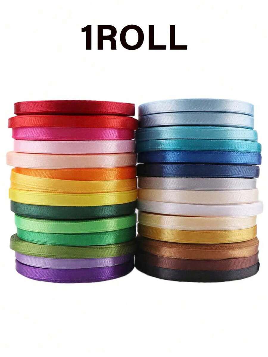 1 Roll 0.6cm Wide Satin Ribbon, Rainbow Ribbon, Gift Wrapping Ribbon, Polyester Woven Ribbon, Creative DIY Decorative Tying Ribbon, Woven Fine Cake Packaging Material Bow Ribbon, Suitable For Women, Weddings And Other Occasions - Multicolor - View 1