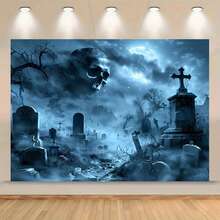1 Panno di sfondo per Ognissanti - Scena di cimitero gotico con scheletri, zombie, vampiri, clown, fantasmi e disegni di luna piena - Perfetto per case da brivido, stanze segrete, decorazioni di Ognissanti, decorazioni orrore, regali per le vacanze, camera da letto, soggiorno e decorazioni per esterni, accessori per studio - Multicolore - Visualizzare 1