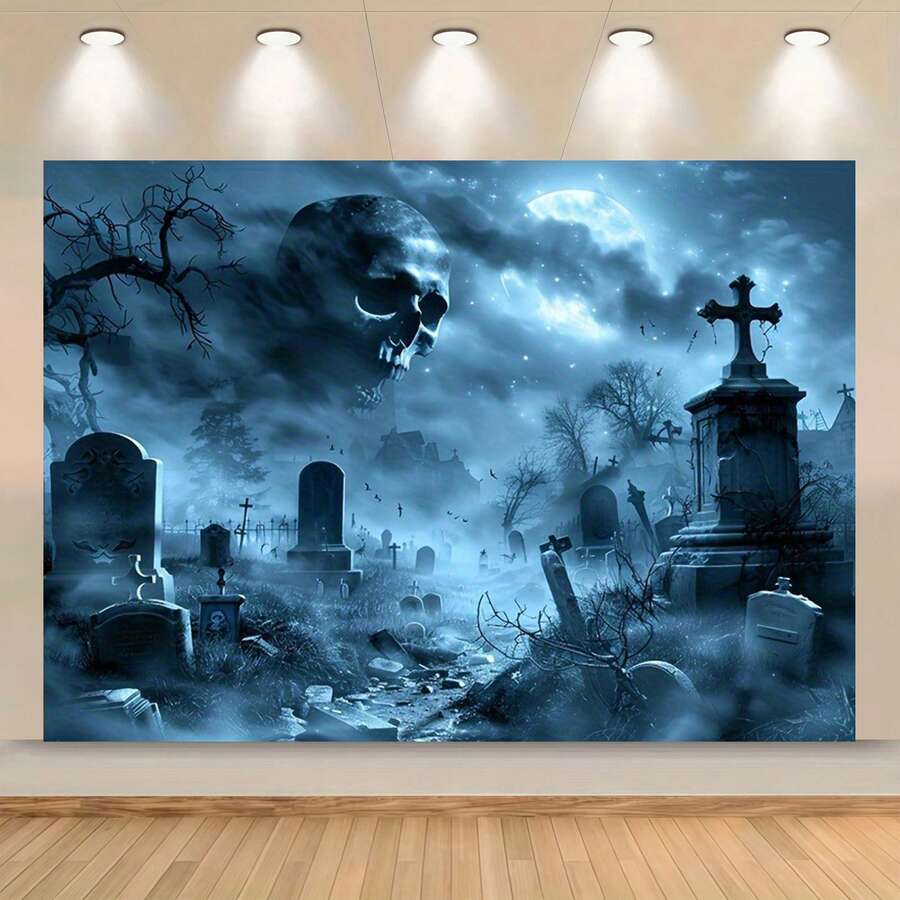 1 Panno di sfondo per Ognissanti - Scena di cimitero gotico con scheletri, zombie, vampiri, clown, fantasmi e disegni di luna piena - Perfetto per case da brivido, stanze segrete, decorazioni di Ognissanti, decorazioni orrore, regali per le vacanze, camera da letto, soggiorno e decorazioni per esterni, accessori per studio - Multicolore - Visualizzare 1