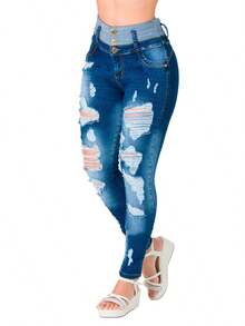 Women's High Waist Front-Breasted Ripped Beads Inlaid With Elastic Slim Butt Lifting Tight Sexy Jeans  Plain    Pocket  Button  Ripped - Rửa trung bình - Xem 5