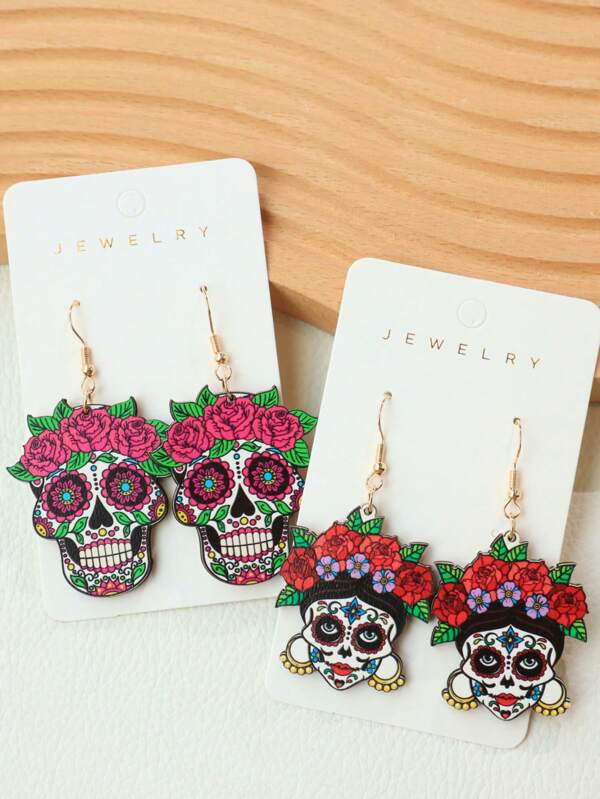 1 par de pendientes de madera exagerados de calavera azucarada de Halloween, pendientes de calavera de rosa esmaltada colorida adecuados para mujeres, pendientes de regalo para el Día de los Muertos